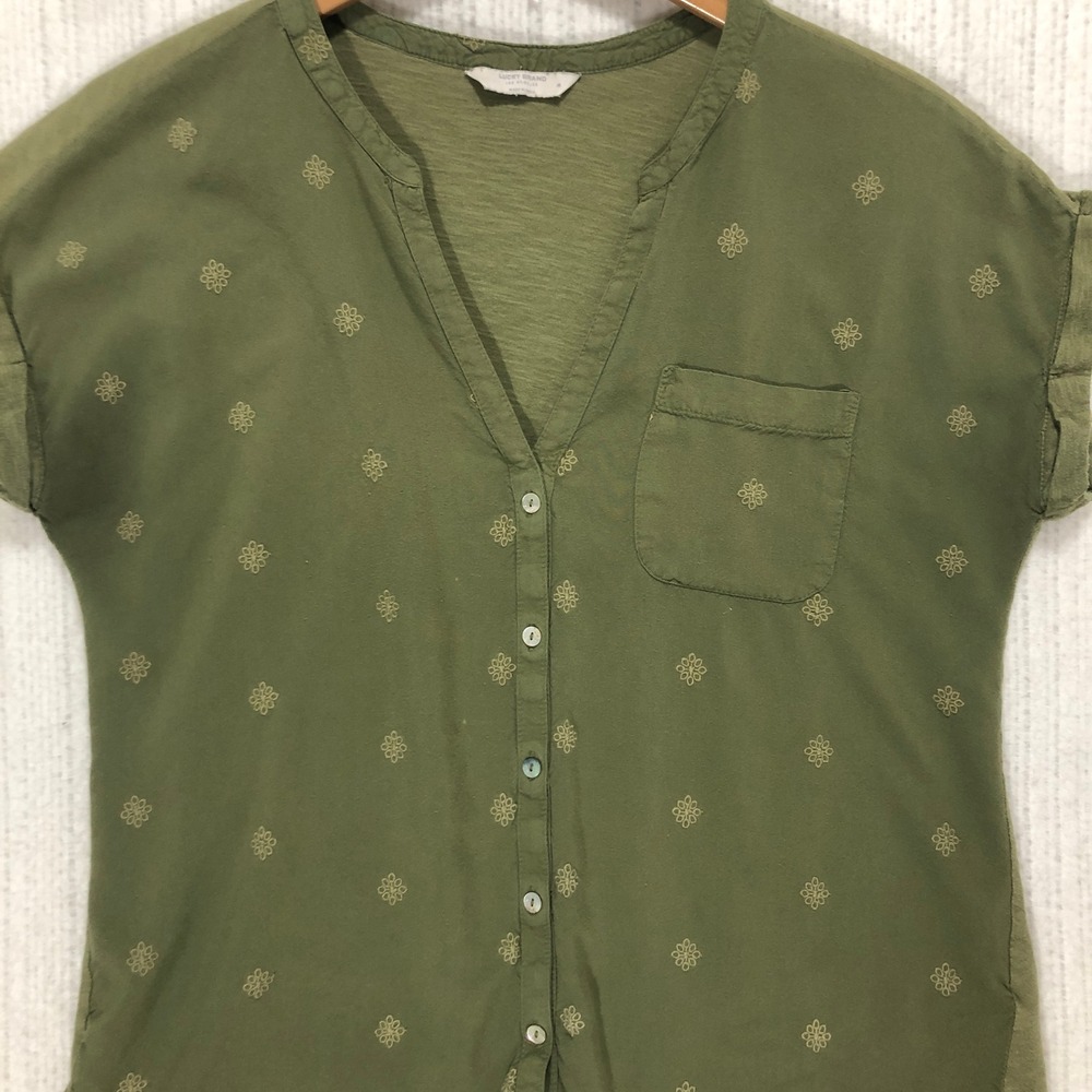 Lucky Brand Womens Olive Green Embroidered Button Up Top Short Sleeve Size M